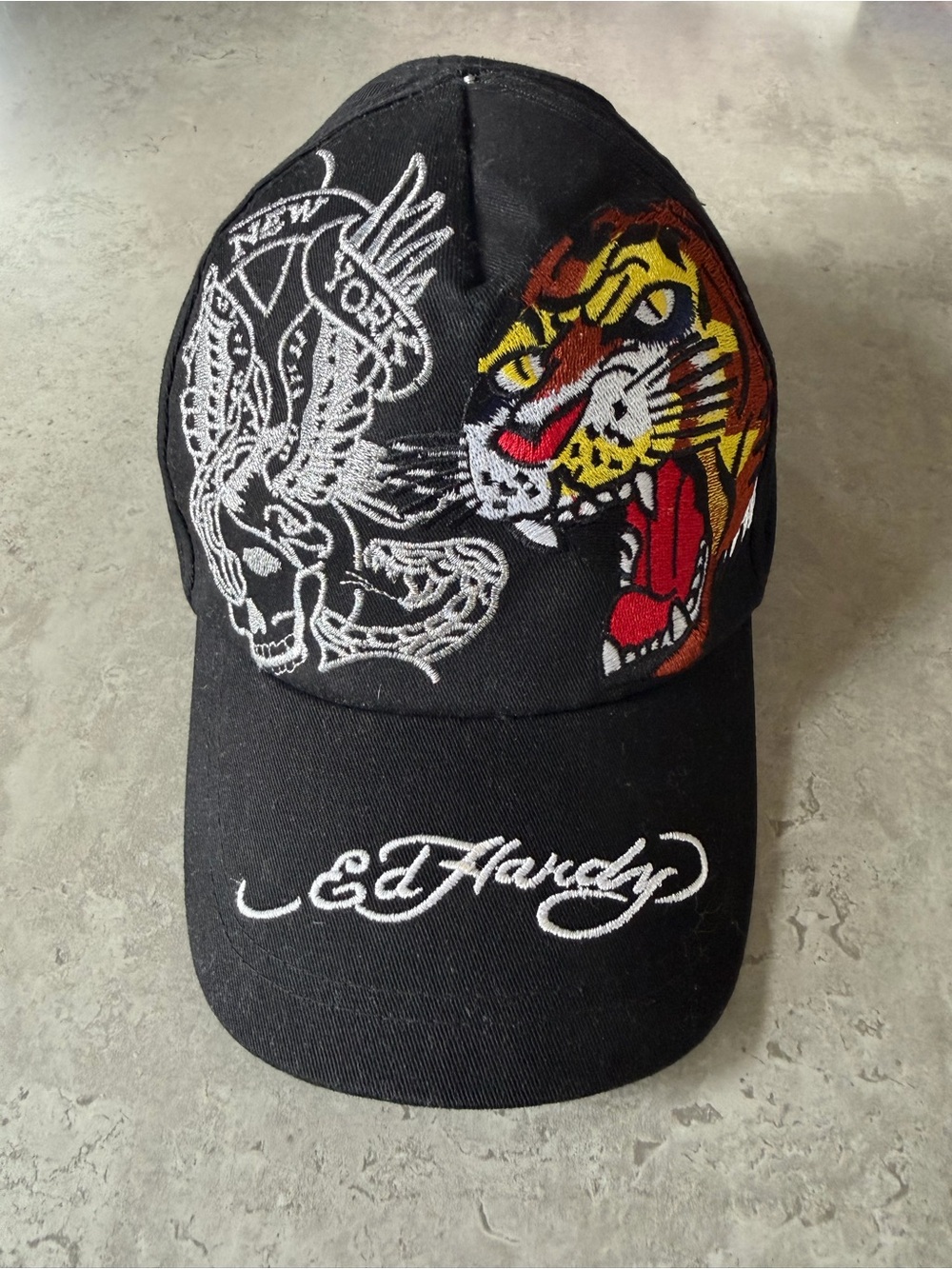Y2K Ed Hardy Style Graphic Baseball Cap - Tiger & Skull Embroidery (Black)